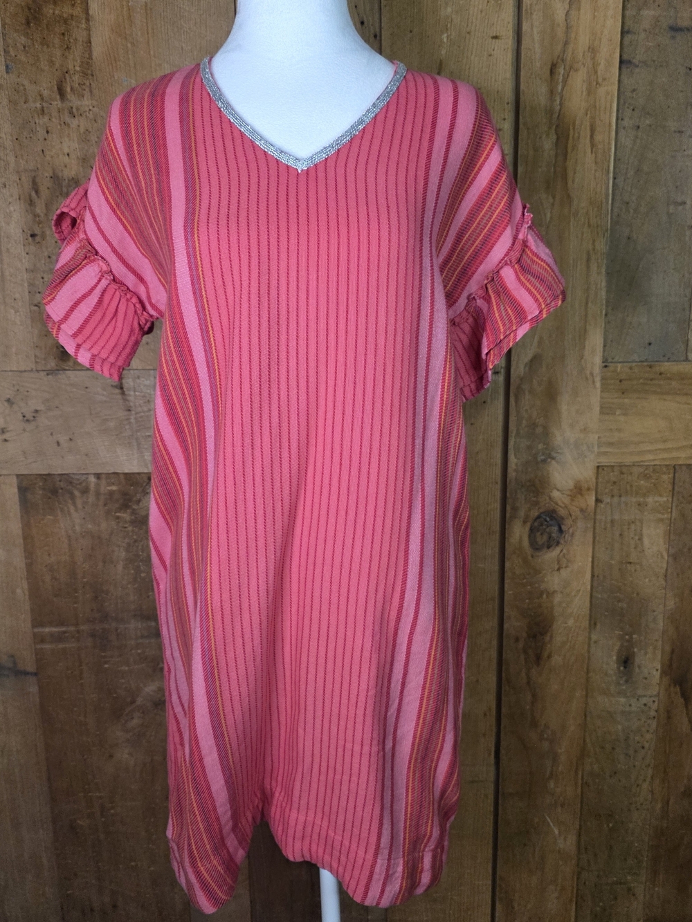 THML Size Small Pink Striped Ruffle Sleeve Shift Dress Metallic V Neck Boho